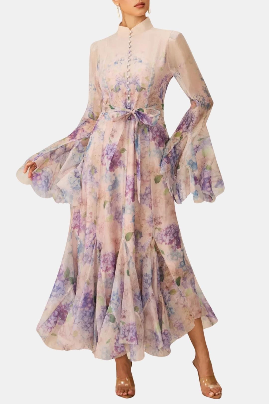 Meredith | Women's Floral Print Long Sleeve Ruffle High Neck Maxi Dress