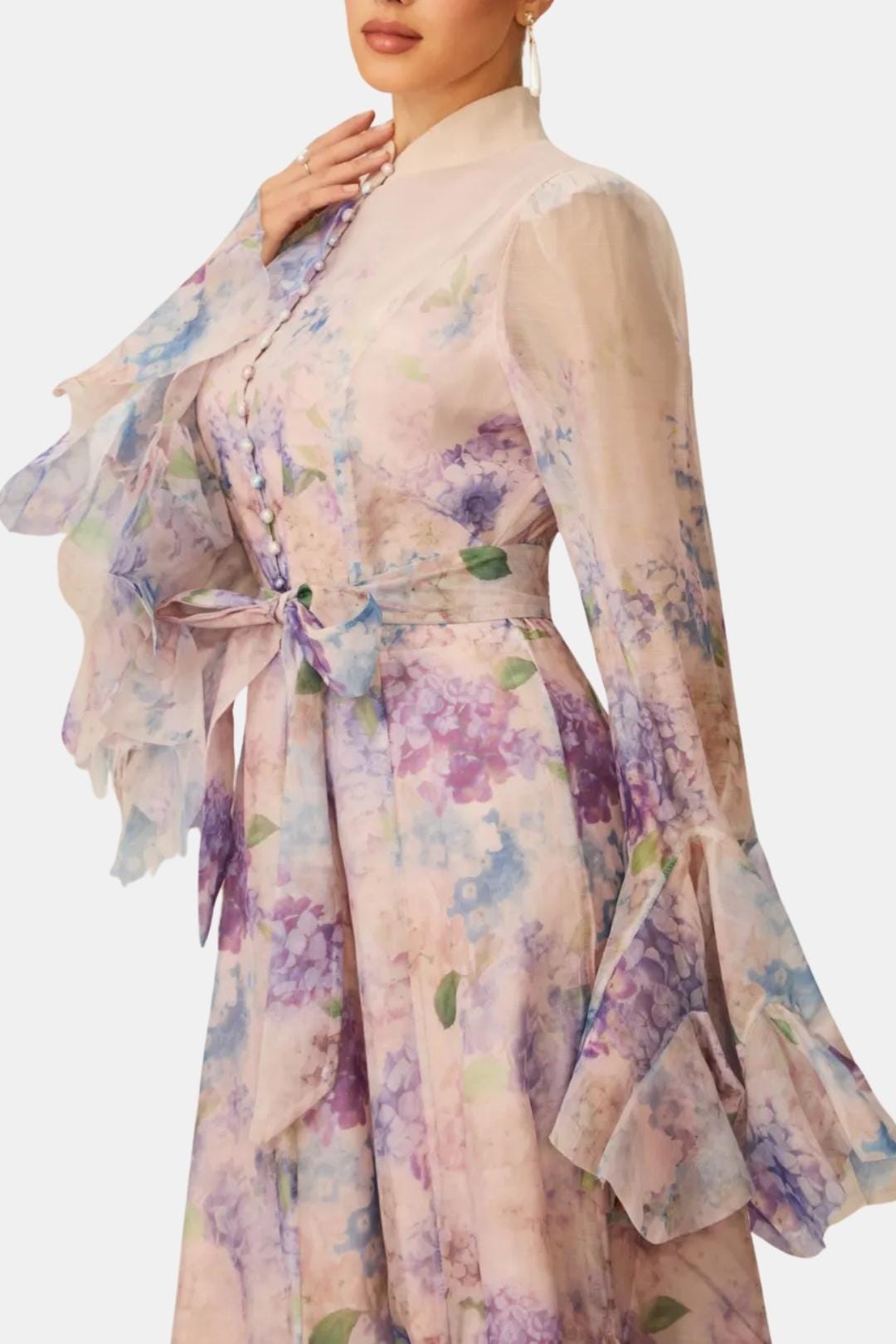 Meredith | Women's Floral Print Long Sleeve Ruffle High Neck Maxi Dress