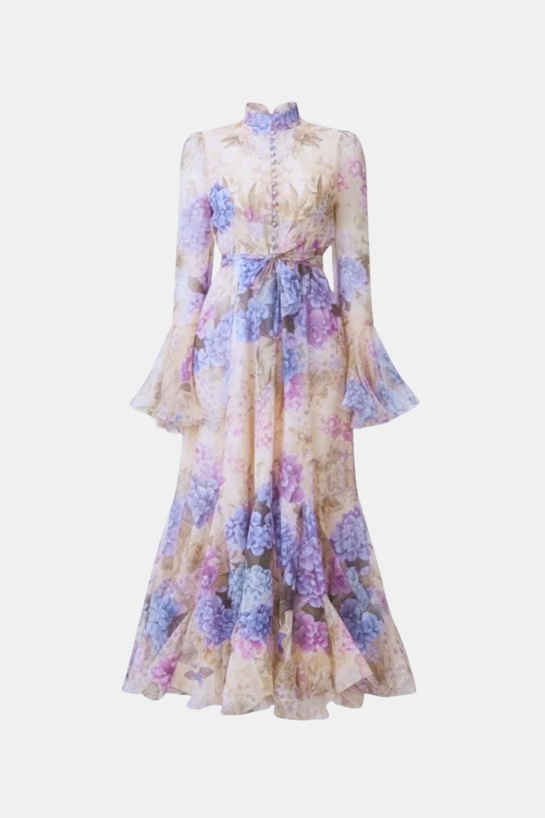 Meredith | Women's Floral Print Long Sleeve Ruffle High Neck Maxi Dress