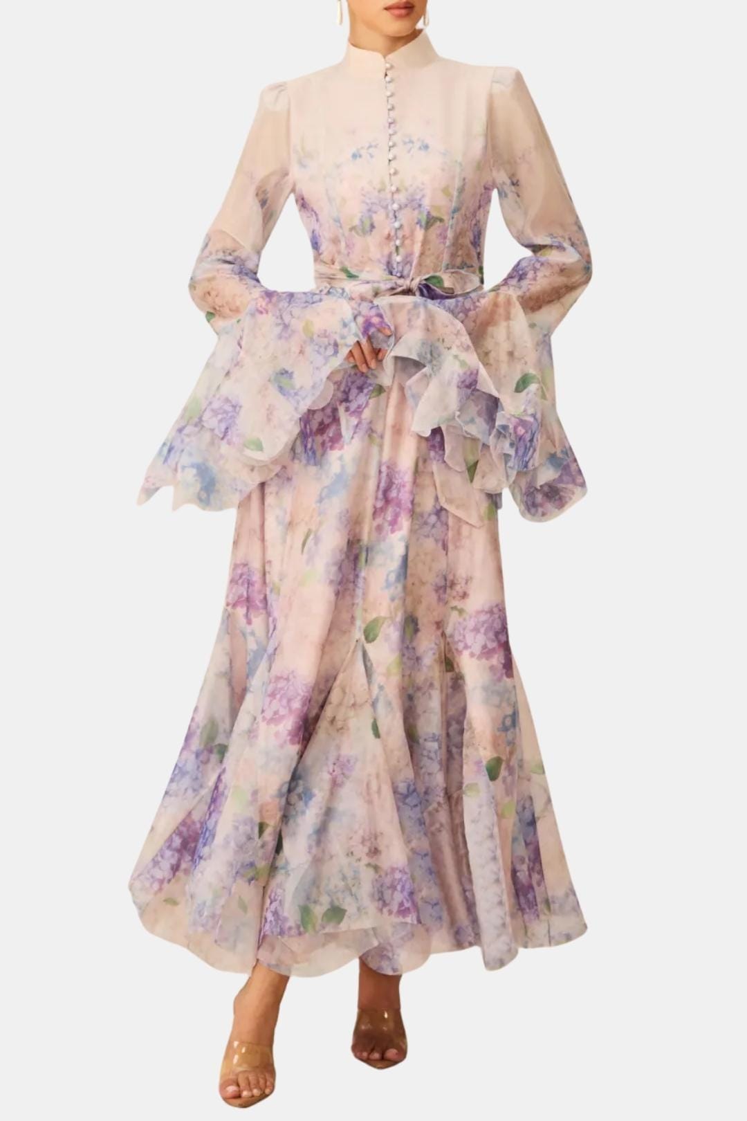 Meredith | Women's Floral Print Long Sleeve Ruffle High Neck Maxi Dress