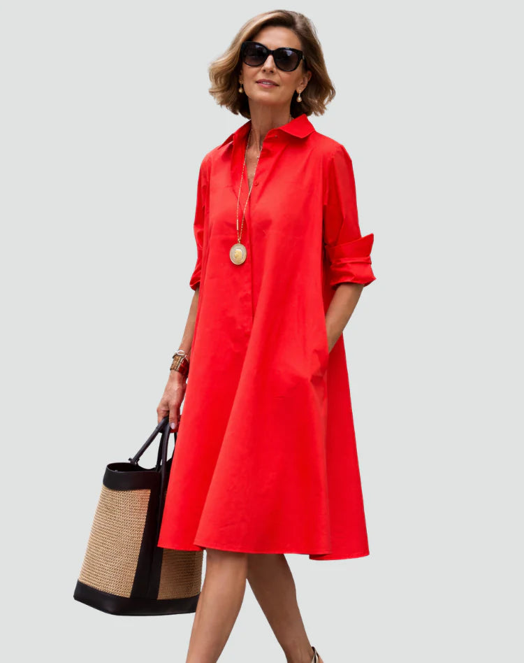 Miah | Women’s Pockets Pointed Collar Long Sleeve Summer Midi Dress