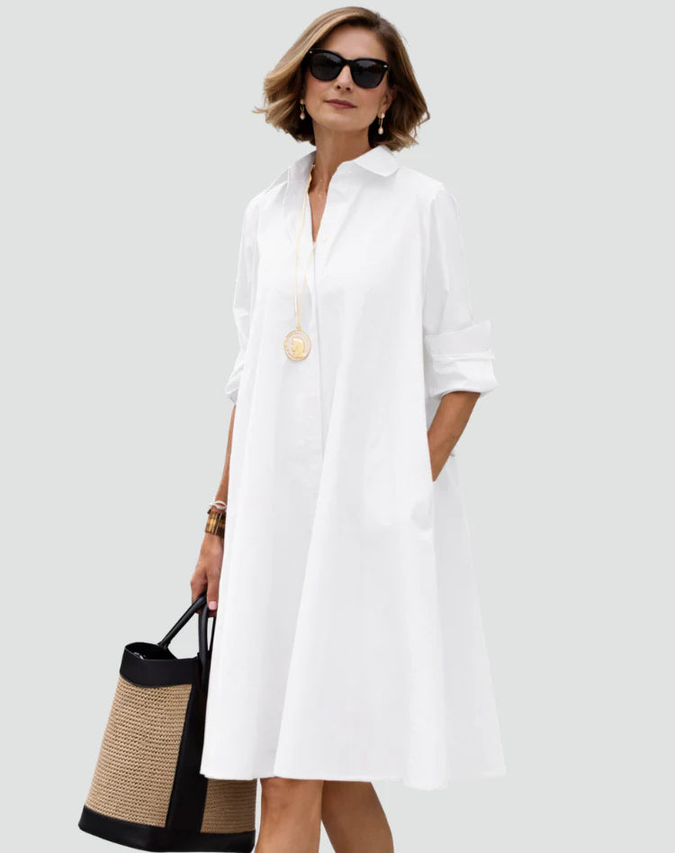 Miah | Women’s Pockets Pointed Collar Long Sleeve Summer Midi Dress