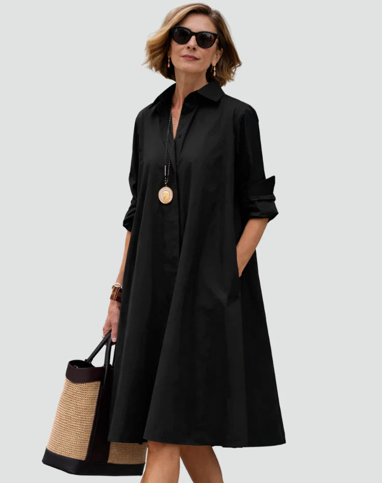 Miah | Women’s Pockets Pointed Collar Long Sleeve Summer Midi Dress