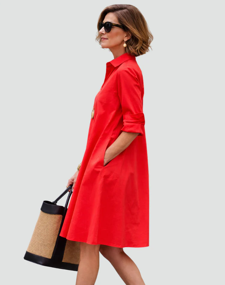 Miah | Women’s Pockets Pointed Collar Long Sleeve Summer Midi Dress