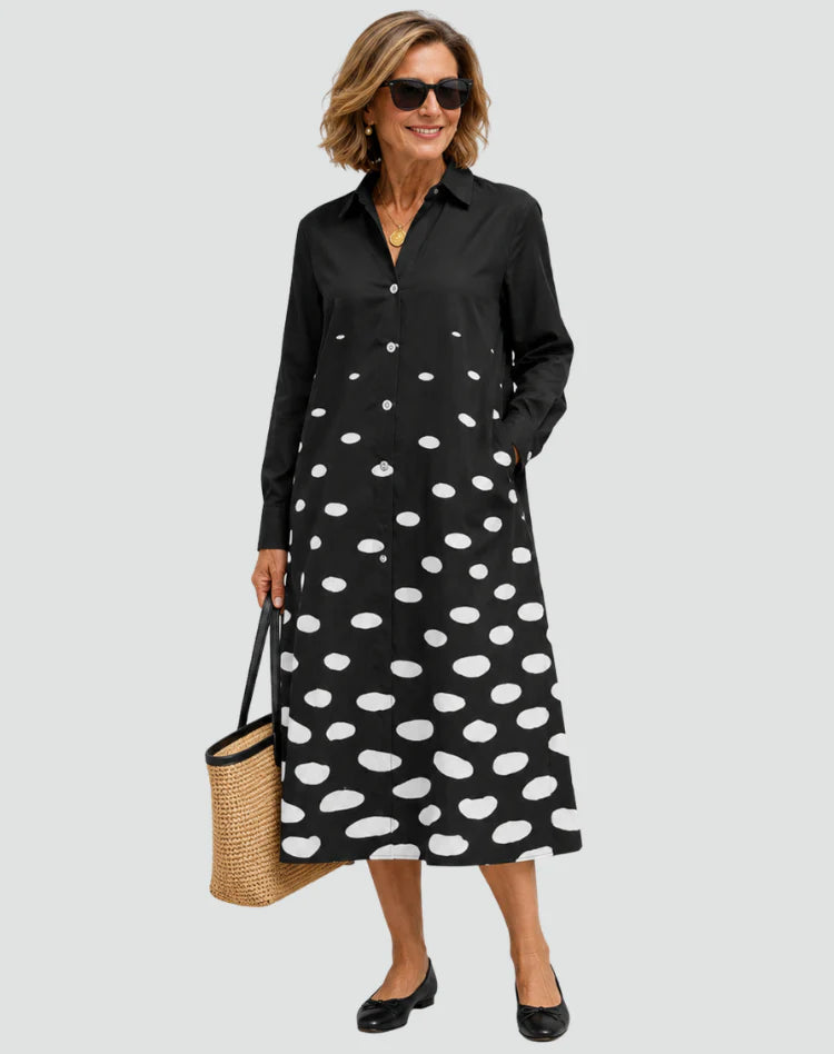 Miah | Women’s Pockets Pointed Collar Long Sleeve Summer Midi Dress