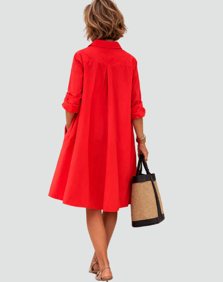 Miah | Women’s Pockets Pointed Collar Long Sleeve Summer Midi Dress