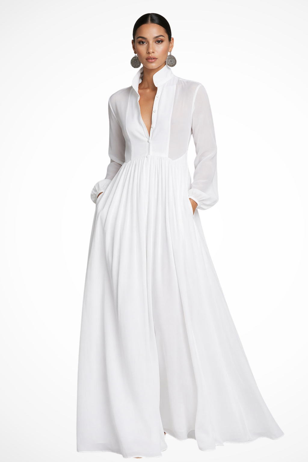 Michaela | Women's Collared Long Sleeve Button Front Maxi Dress