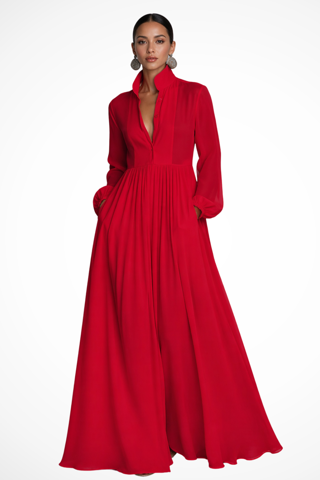 Michaela | Women's Collared Long Sleeve Button Front Maxi Dress