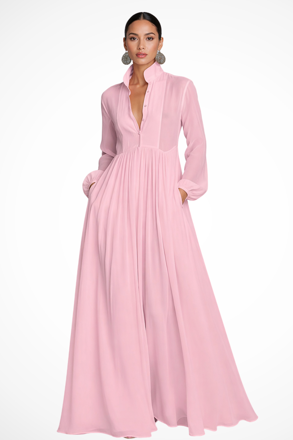 Michaela | Women's Collared Long Sleeve Button Front Maxi Dress