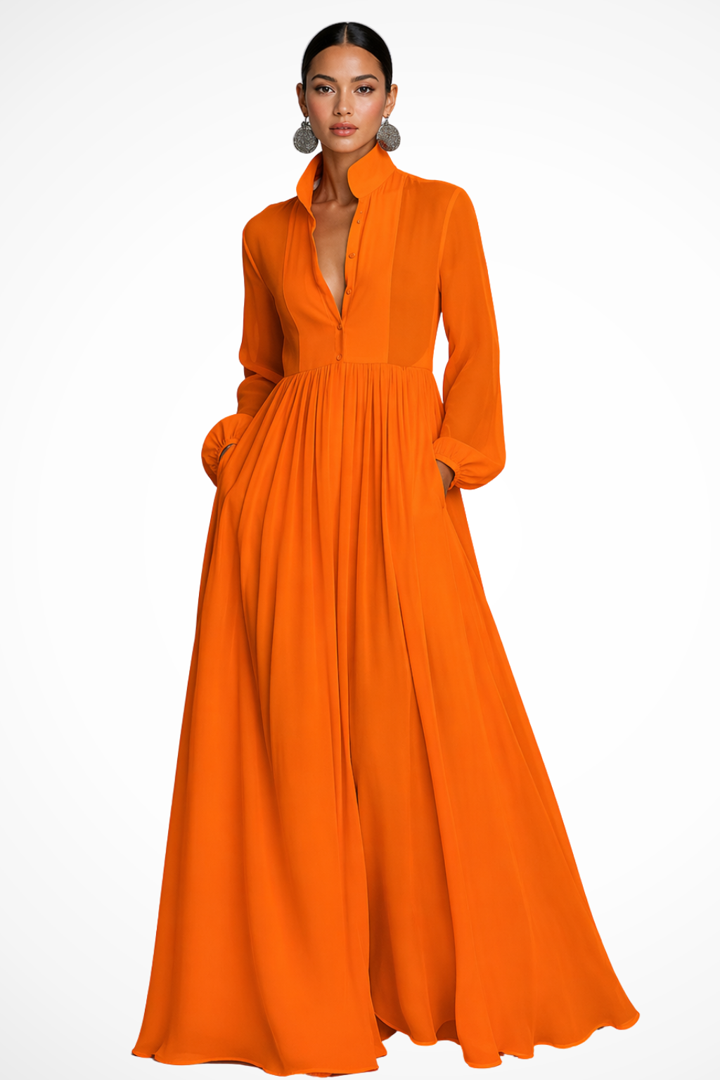 Michaela | Women's Collared Long Sleeve Button Front Maxi Dress