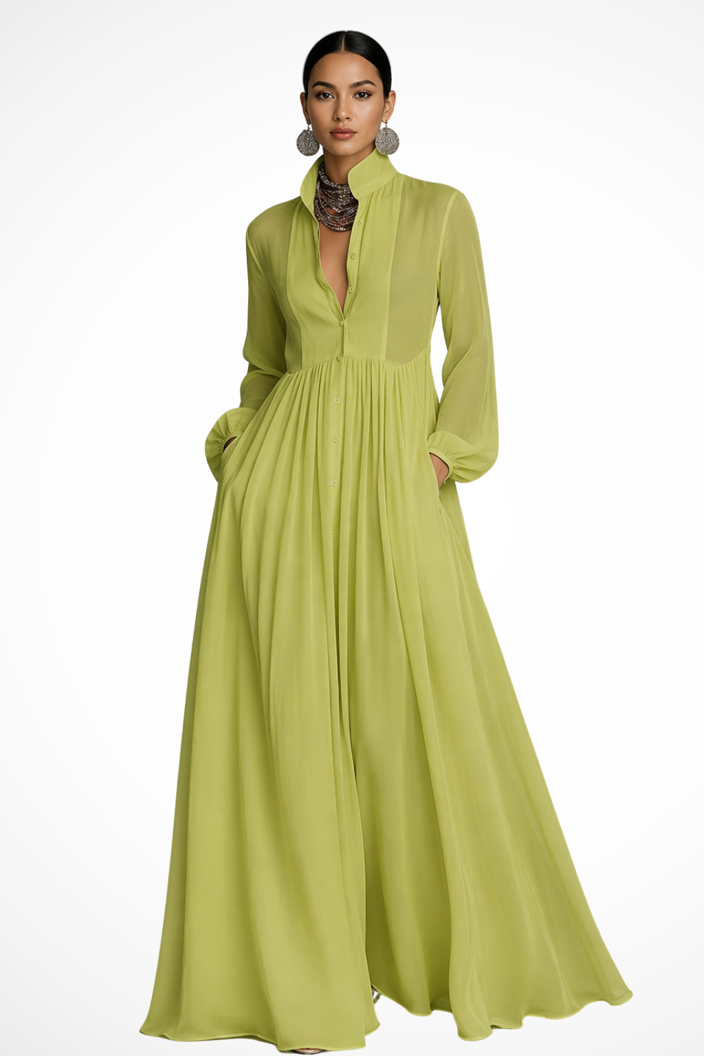 Michaela | Women's Collared Long Sleeve Button Front Maxi Dress