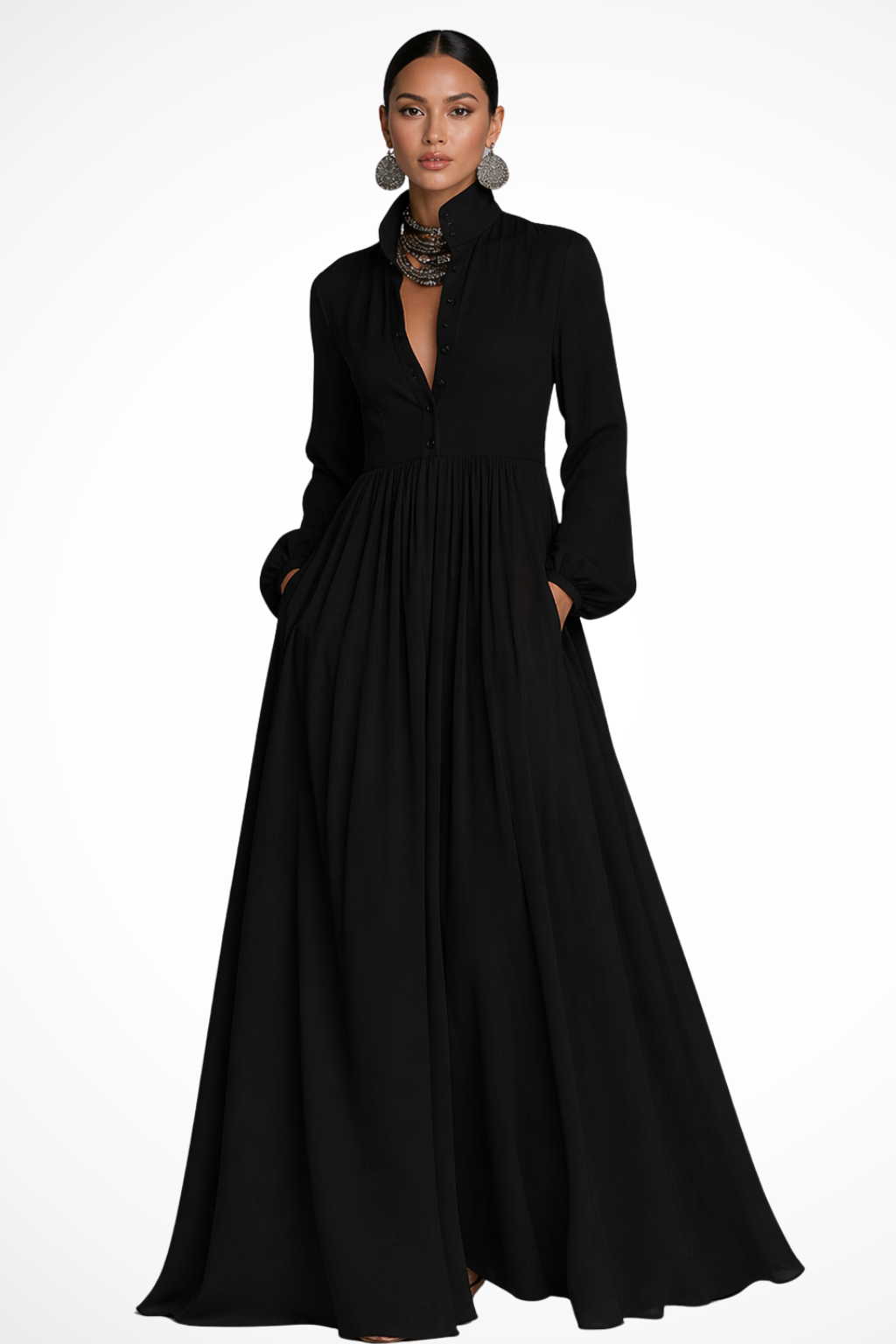 Michaela | Women's Collared Long Sleeve Button Front Maxi Dress
