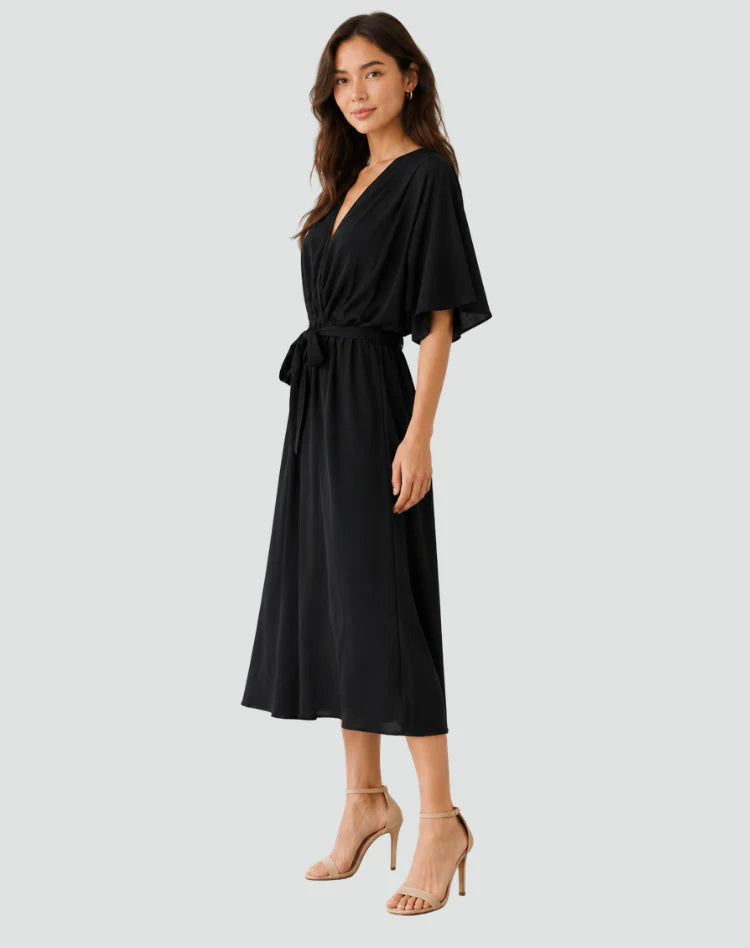 Millicent | Women’s V Neck Wrap Front Short Sleeve Flowy Midi Dress