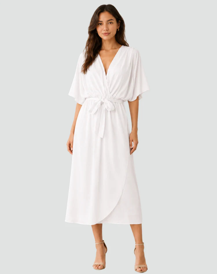 Millicent | Women’s V Neck Wrap Front Short Sleeve Flowy Midi Dress