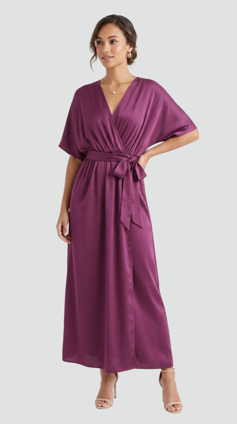 Millicent | Women’s V Neck Wrap Front Short Sleeve Flowy Midi Dress