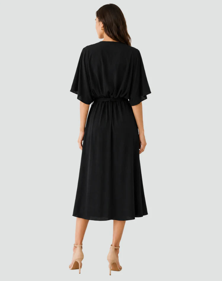 Millicent | Women’s V Neck Wrap Front Short Sleeve Flowy Midi Dress