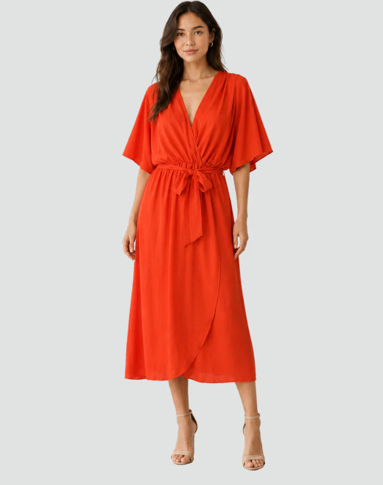 Millicent | Women’s V Neck Wrap Front Short Sleeve Flowy Midi Dress