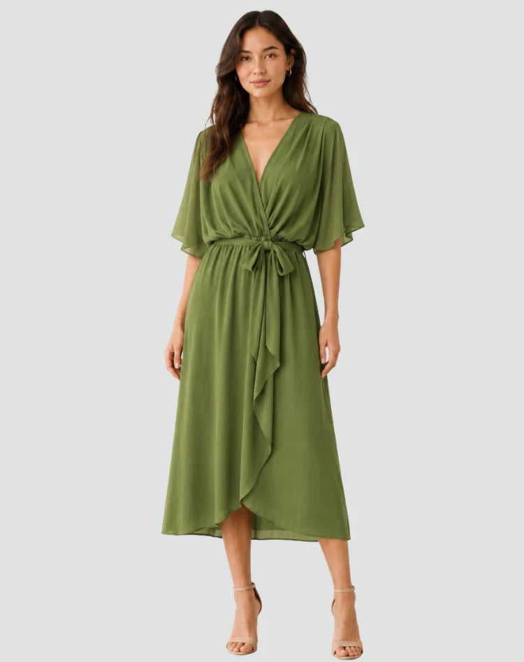 Millicent | Women’s V Neck Wrap Front Short Sleeve Flowy Midi Dress