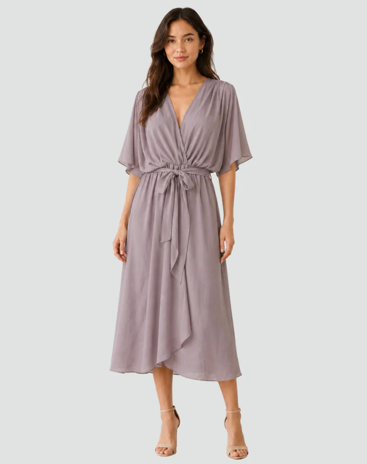 Millicent | Women’s V Neck Wrap Front Short Sleeve Flowy Midi Dress