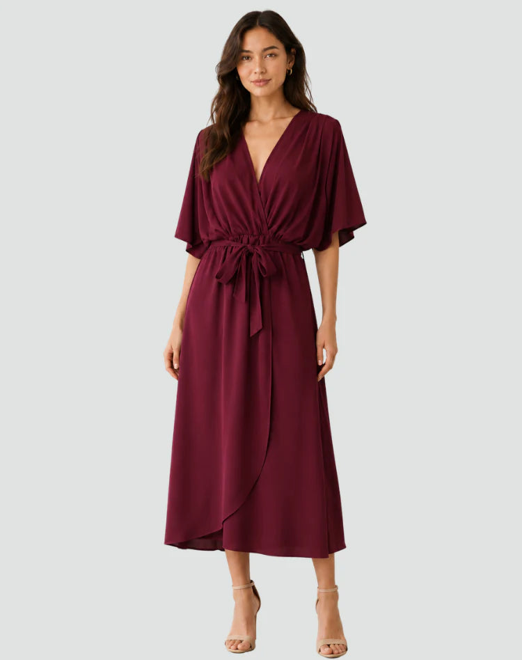 Millicent | Women’s V Neck Wrap Front Short Sleeve Flowy Midi Dress