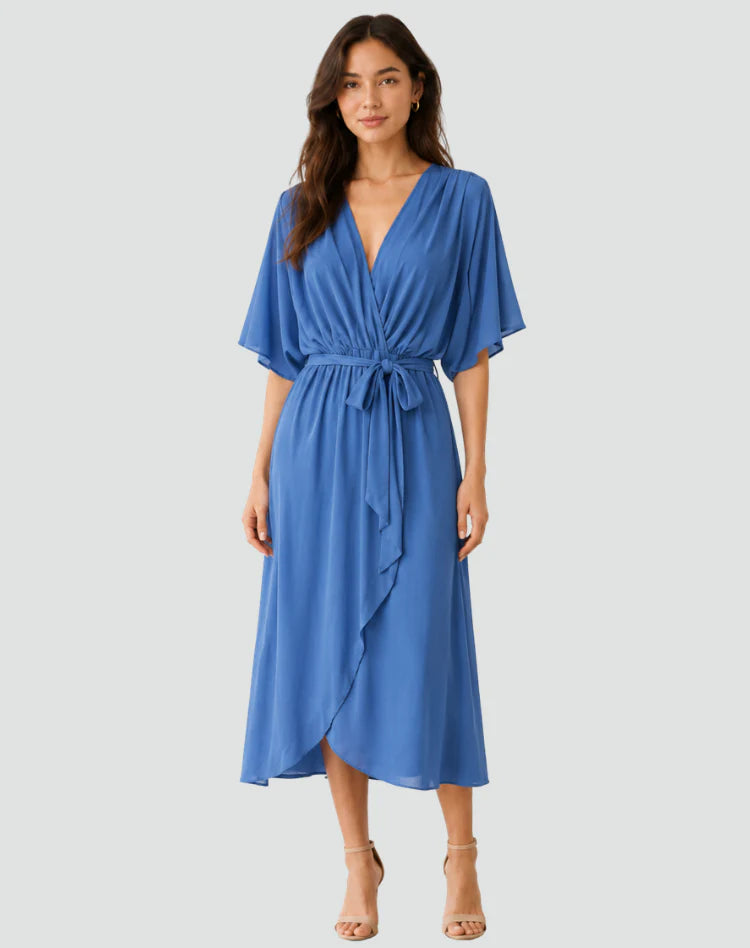 Millicent | Women’s V Neck Wrap Front Short Sleeve Flowy Midi Dress
