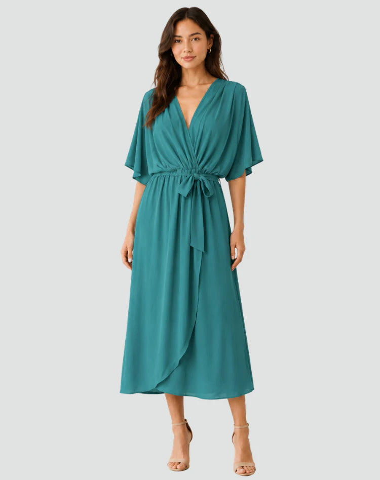 Millicent | Women’s V Neck Wrap Front Short Sleeve Flowy Midi Dress