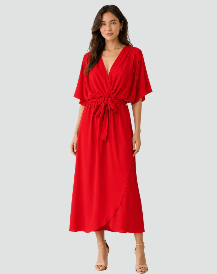 Millicent | Women’s V Neck Wrap Front Short Sleeve Flowy Midi Dress