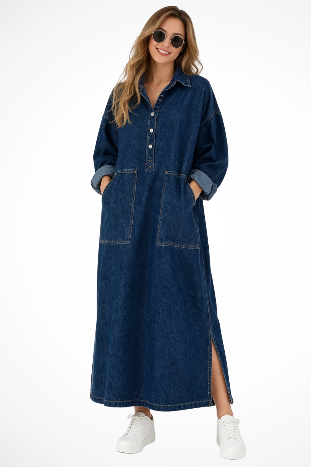 Millie | Women's Collared Long Sleeve Pocket Denim Maxi Dress