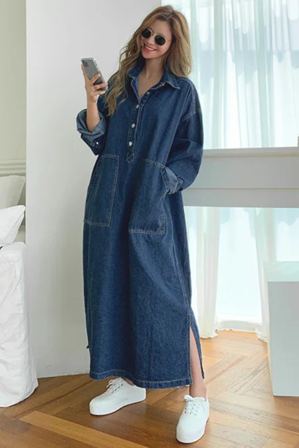 Millie | Women's Collared Long Sleeve Pocket Denim Maxi Dress