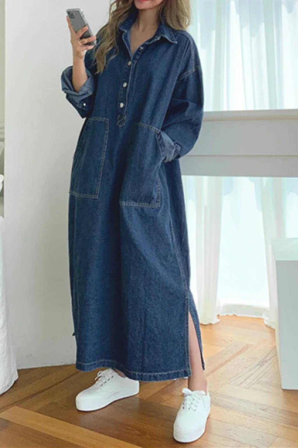 Millie | Women's Collared Long Sleeve Pocket Denim Maxi Dress