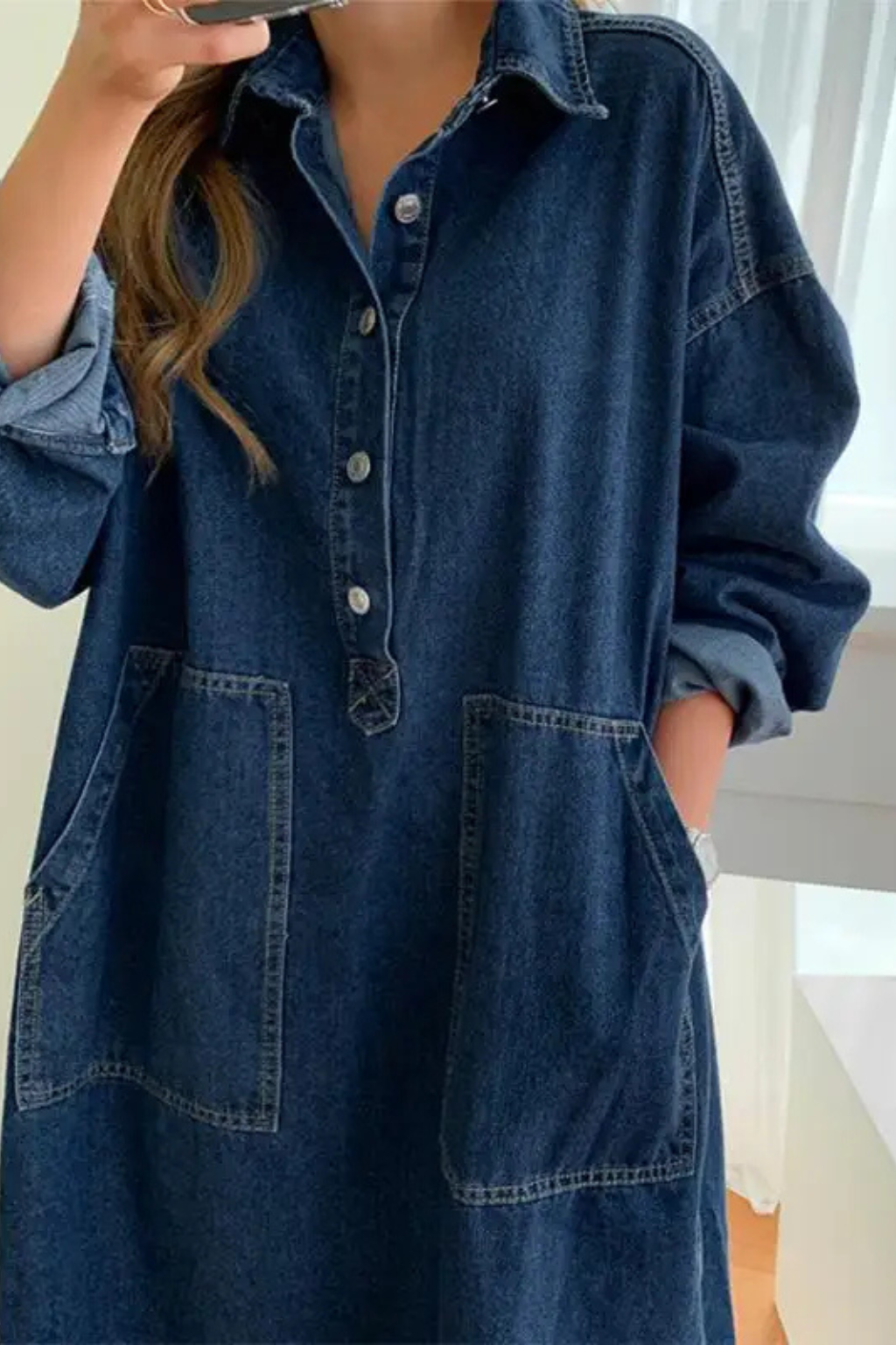 Millie | Women's Collared Long Sleeve Pocket Denim Maxi Dress