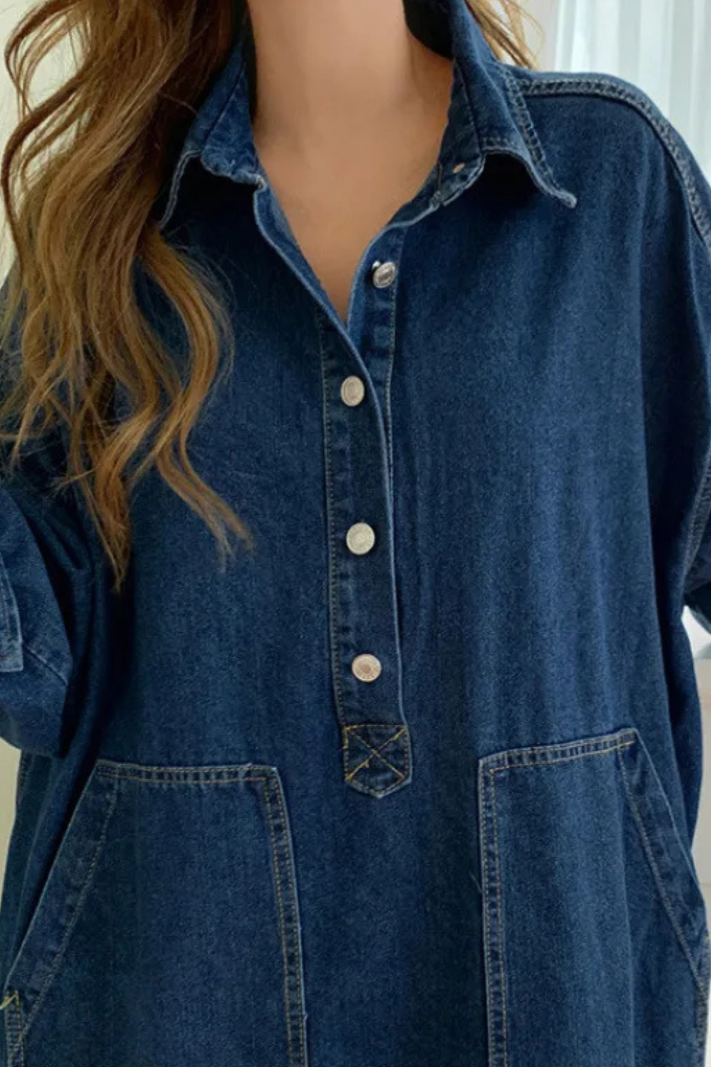 Millie | Women's Collared Long Sleeve Pocket Denim Maxi Dress
