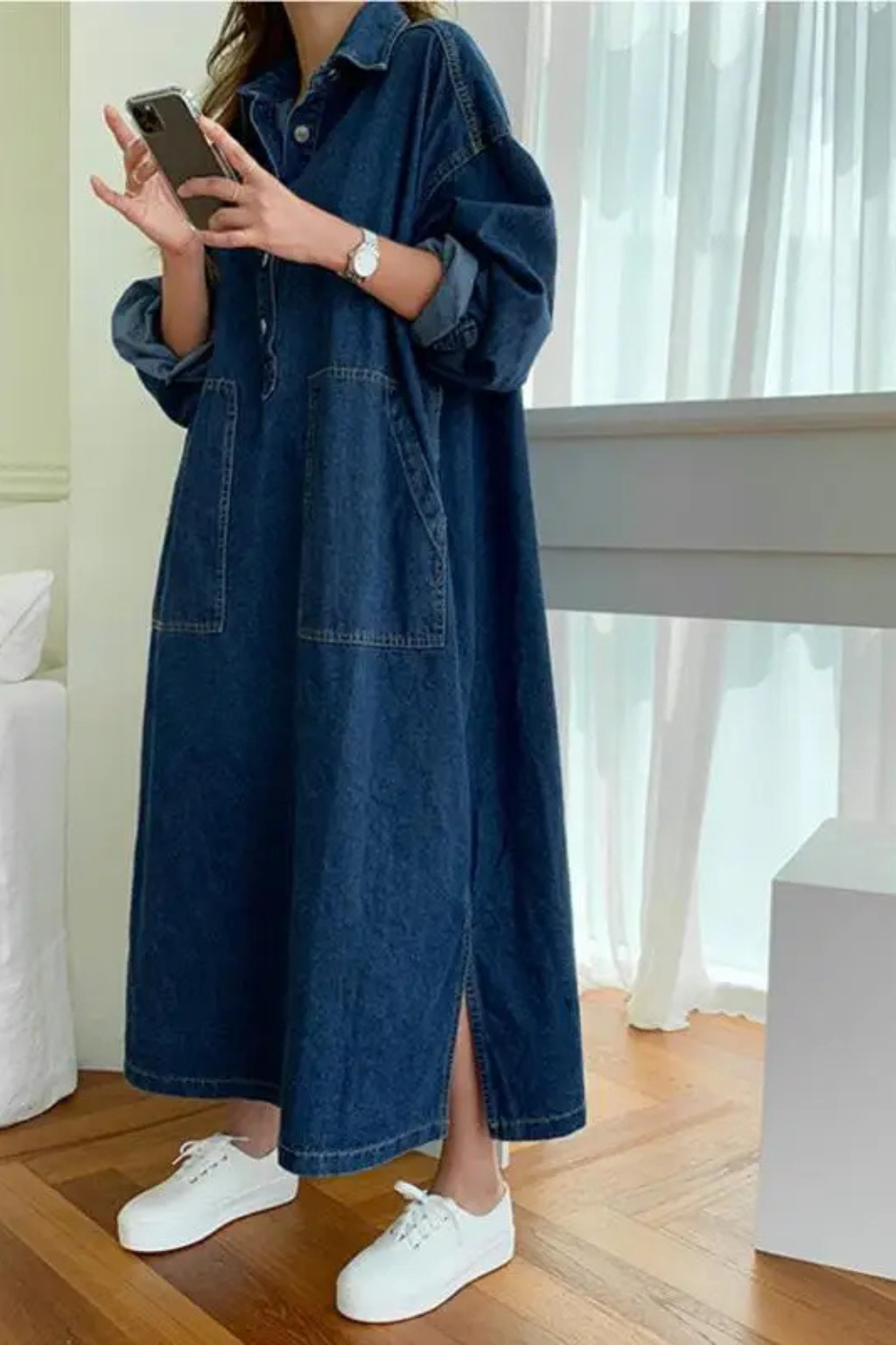Millie | Women's Collared Long Sleeve Pocket Denim Maxi Dress