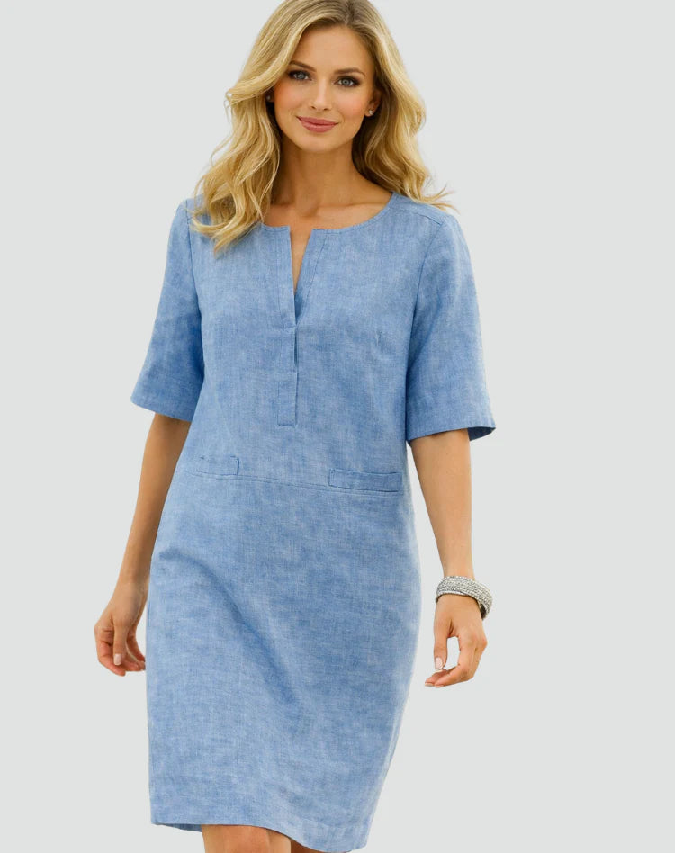 Minnie | Women’s Relaxed Fit Split Neck Pockets Summer Mini Dress