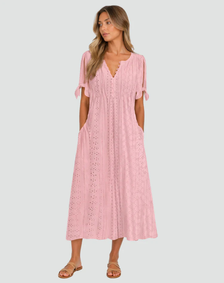Mirela | Women’s Button Front Tie Sleeve V Neck Midi Dress