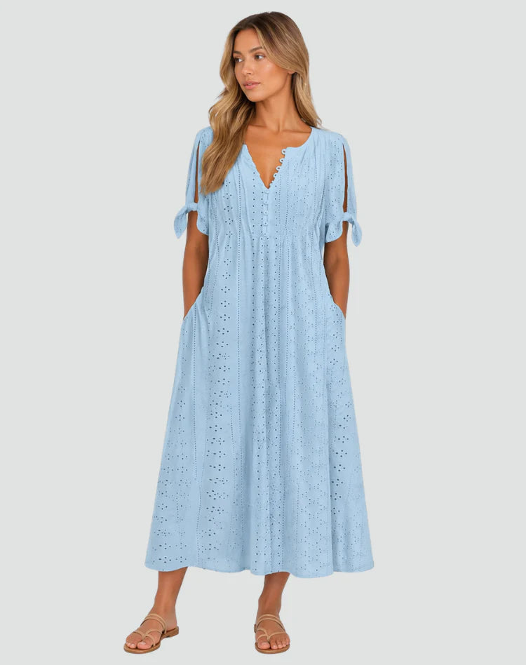 Mirela | Women’s Button Front Tie Sleeve V Neck Midi Dress