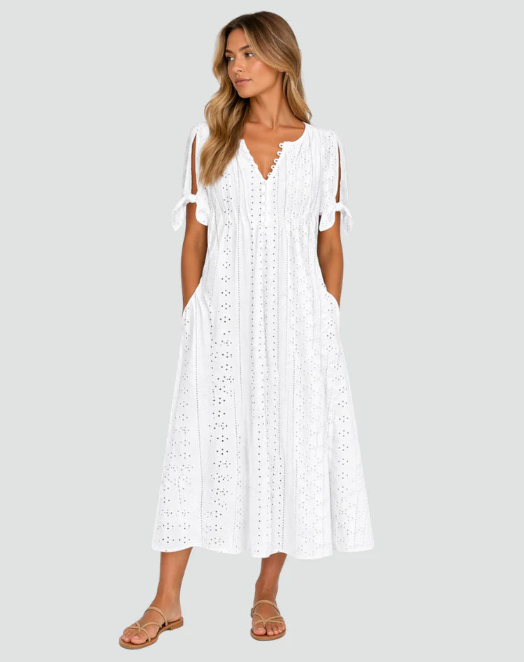 Mirela | Women’s Button Front Tie Sleeve V Neck Midi Dress