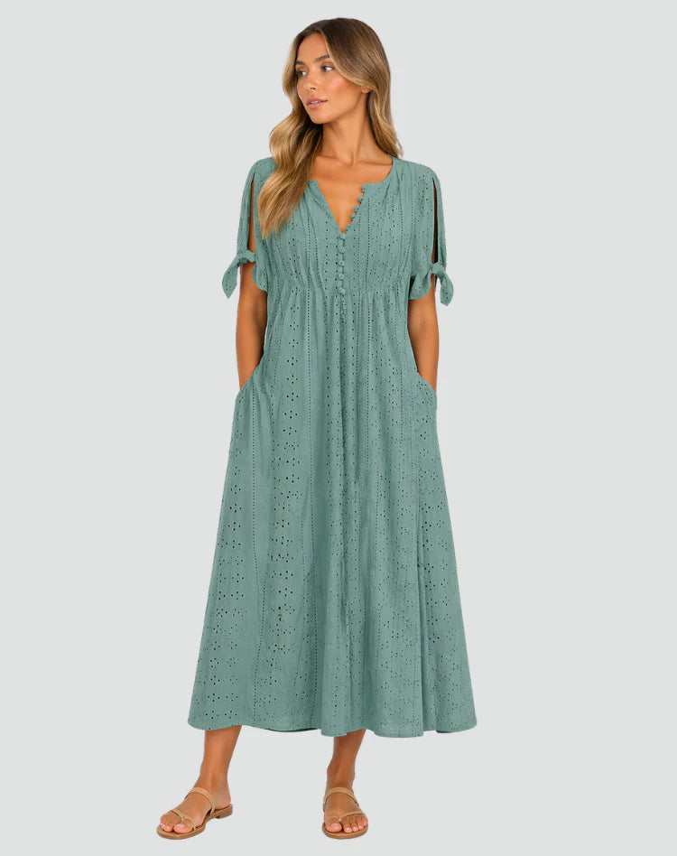 Mirela | Women’s Button Front Tie Sleeve V Neck Midi Dress