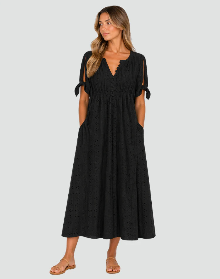 Mirela | Women’s Button Front Tie Sleeve V Neck Midi Dress