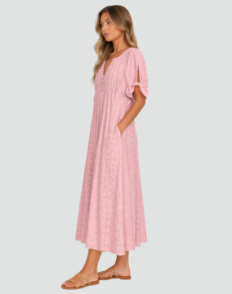 Mirela | Women’s Button Front Tie Sleeve V Neck Midi Dress