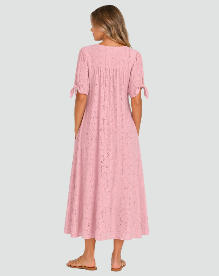 Mirela | Women’s Button Front Tie Sleeve V Neck Midi Dress