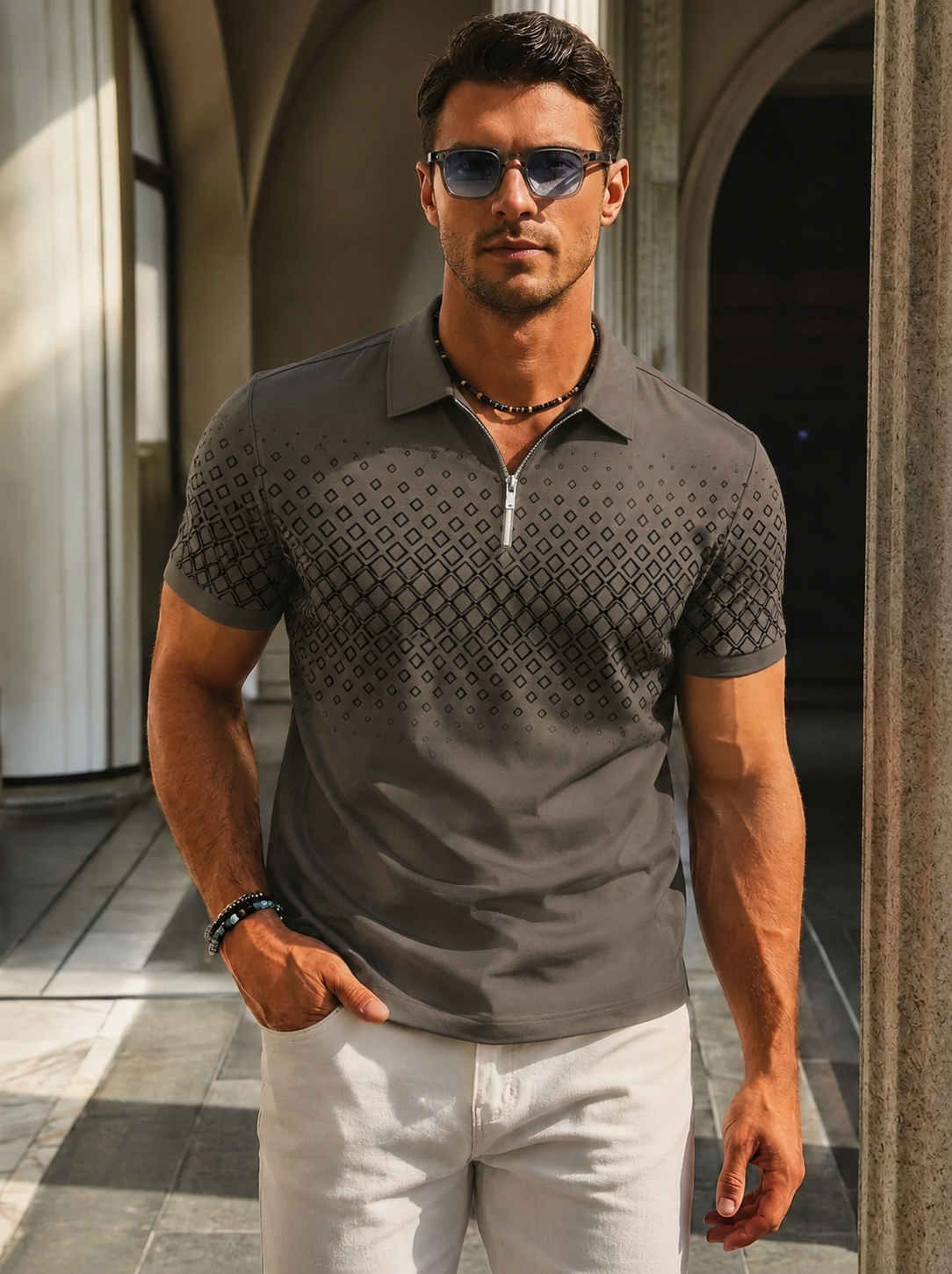 Mitchell | Men's Zip Neck Short Sleeve Pattern Polo Shirt