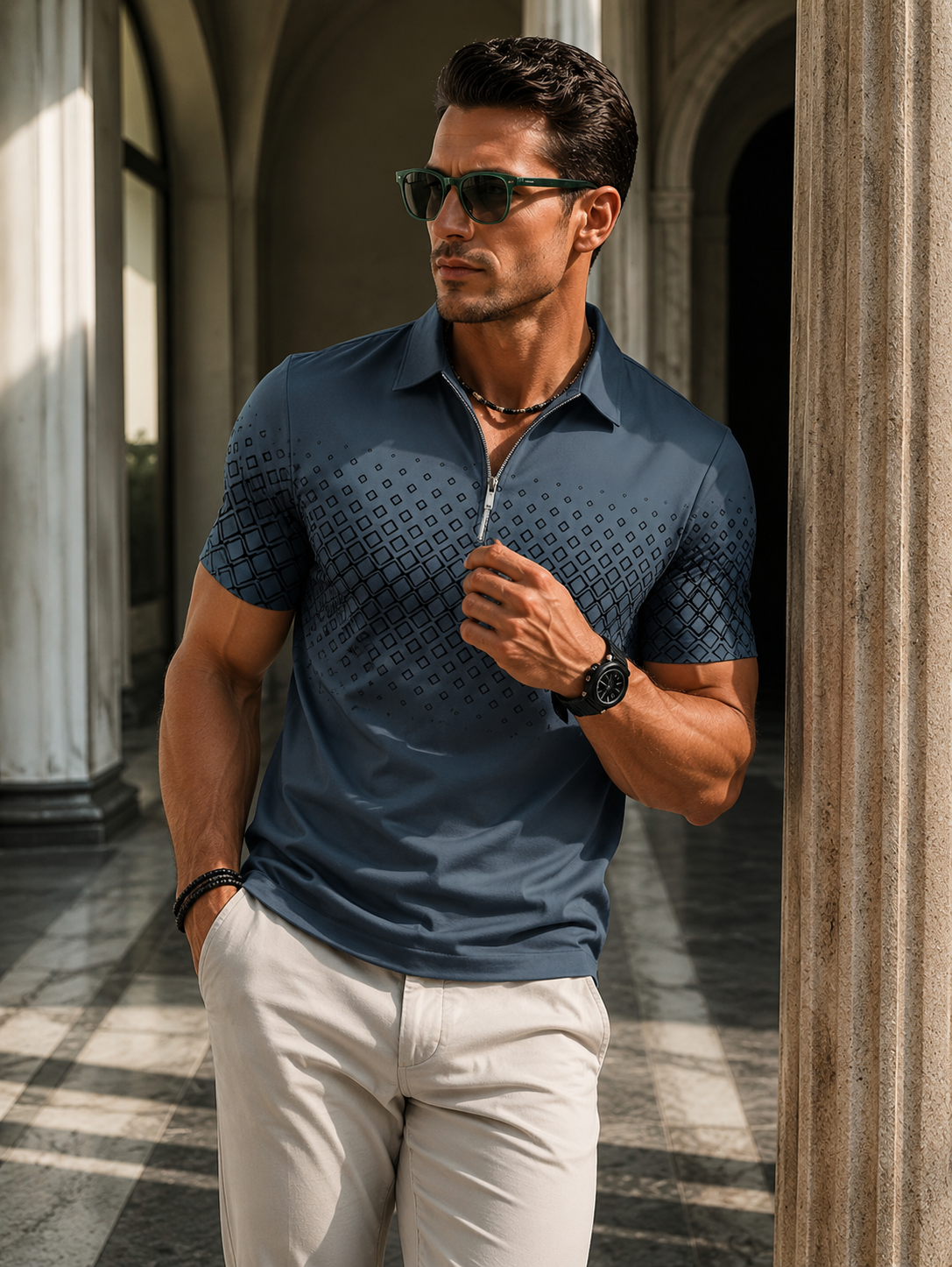 Mitchell | Men's Zip Neck Short Sleeve Pattern Polo Shirt