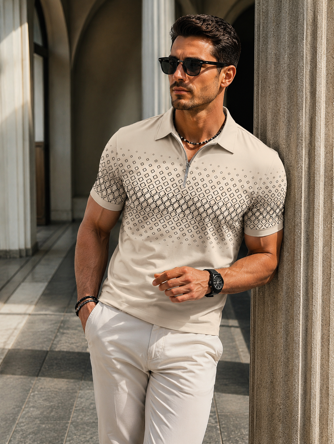 Mitchell | Men's Zip Neck Short Sleeve Pattern Polo Shirt