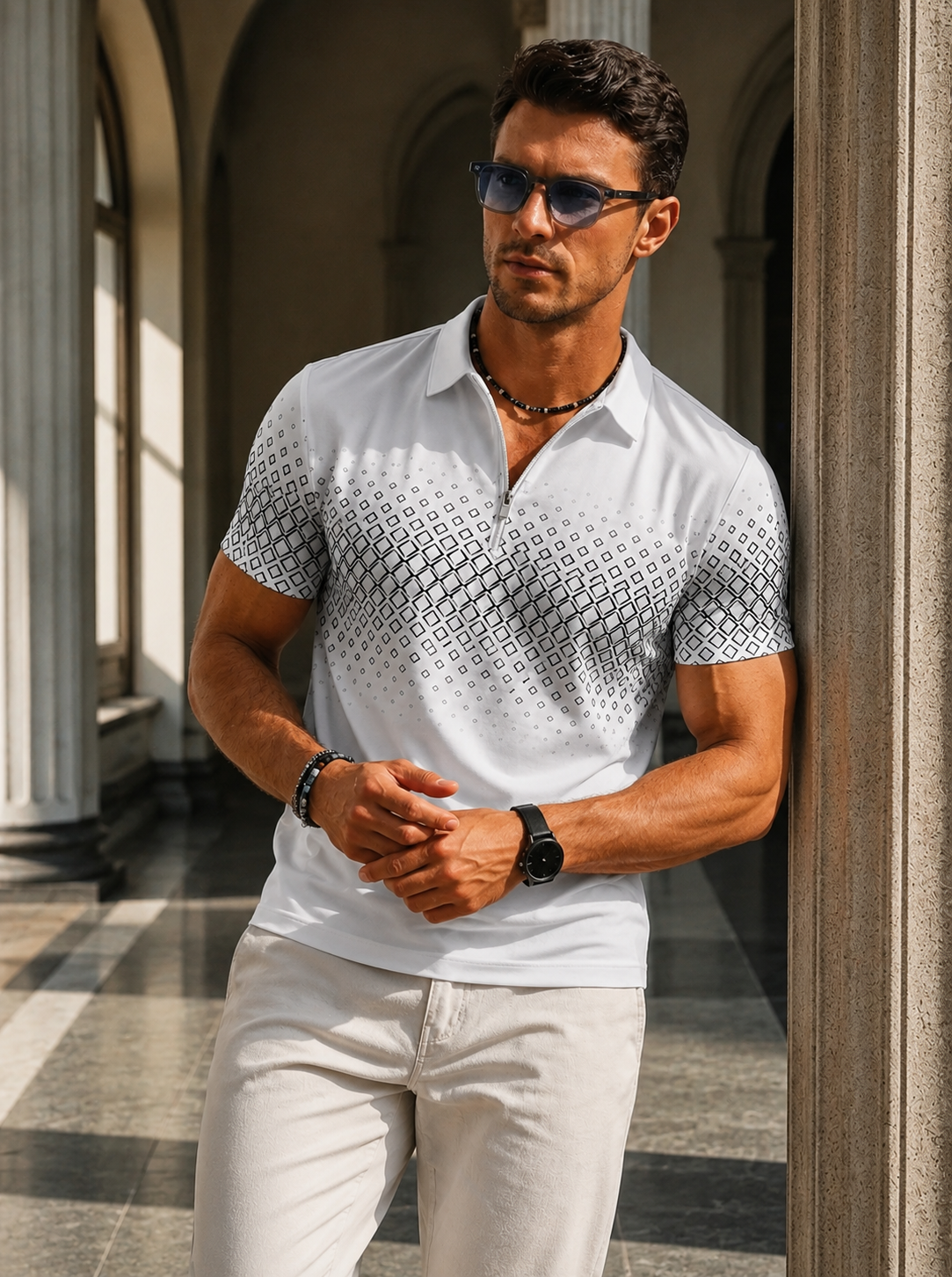 Mitchell | Men's Zip Neck Short Sleeve Pattern Polo Shirt