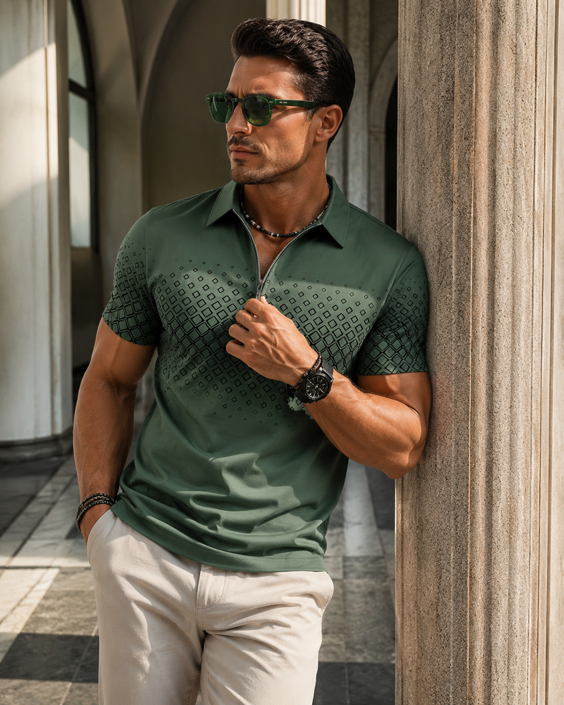 Mitchell | Men's Zip Neck Short Sleeve Pattern Polo Shirt