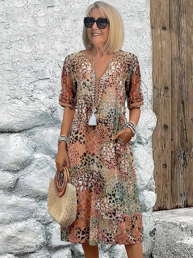 Monique | Women's V-Neck Printed Flowy Midi Dress