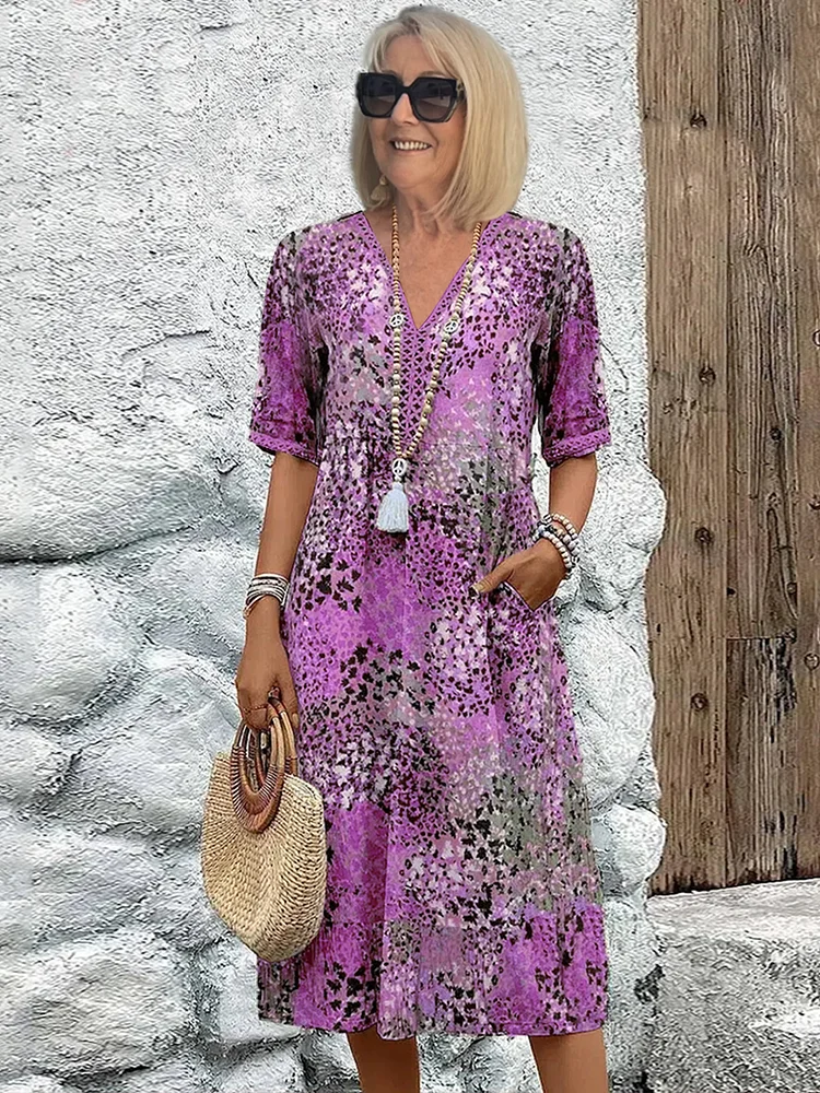 Monique | Women's V-Neck Printed Flowy Midi Dress