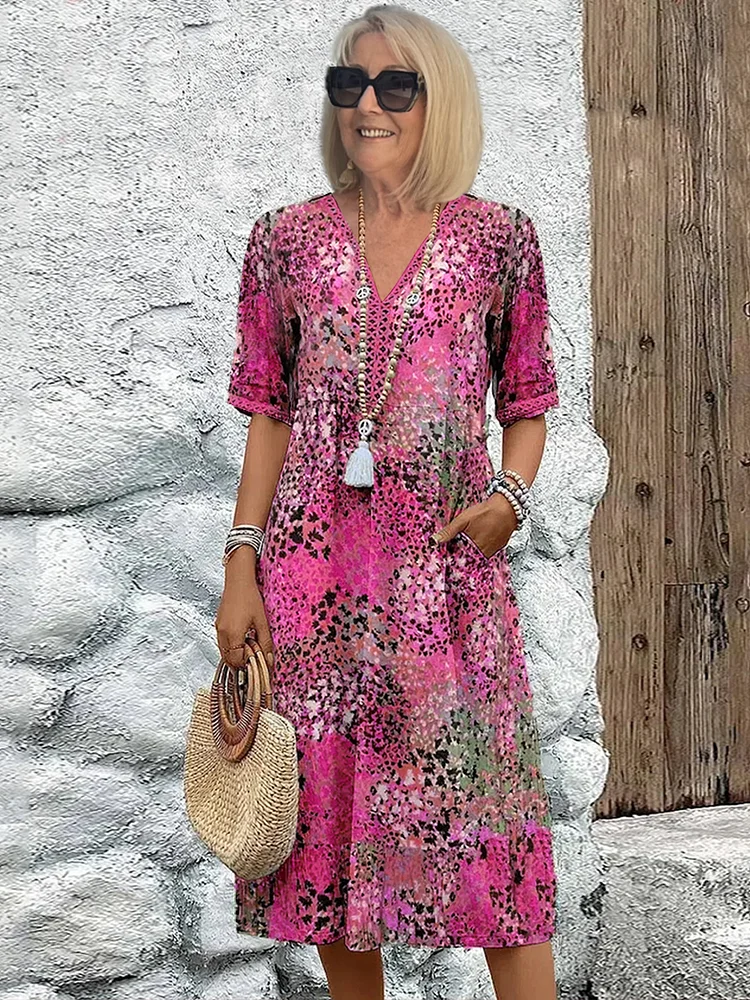 Monique | Women's V-Neck Printed Flowy Midi Dress