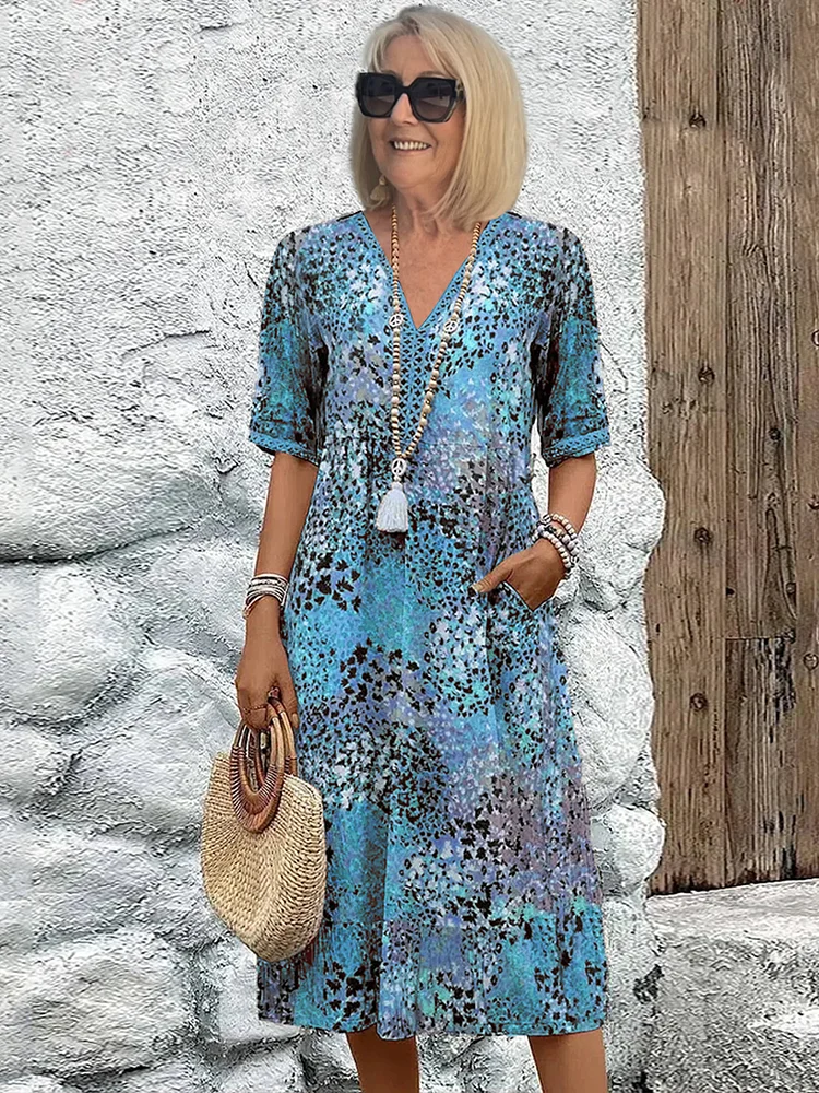 Monique | Women's V-Neck Printed Flowy Midi Dress